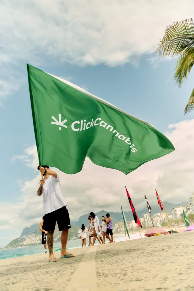 Album do Orgulho sustentável: Bandeira Click Cannabis na orla do Arpoador