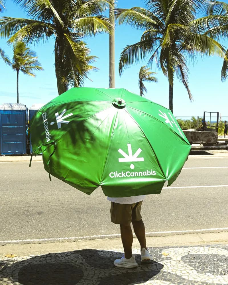 Album do Guarda-sol Click Cannabis em destaque na orla